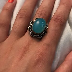 Silver chain ring with blue stone
